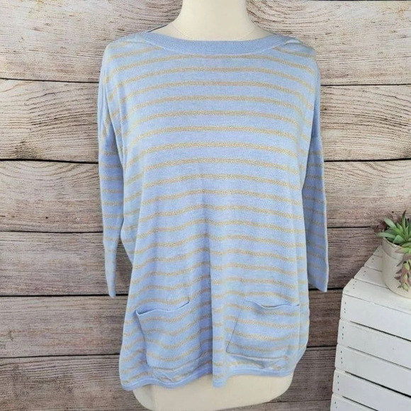 NWT Lilly Pulitzer Large Blue Gold Metallic Cobo Sweater Coastal Shell Stripe - Picture 2 of 8